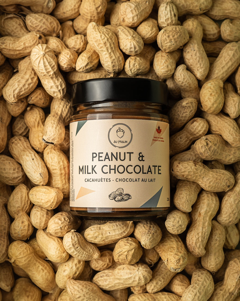 Au pralin peanut milk chocolate spread face up in between peanuts 