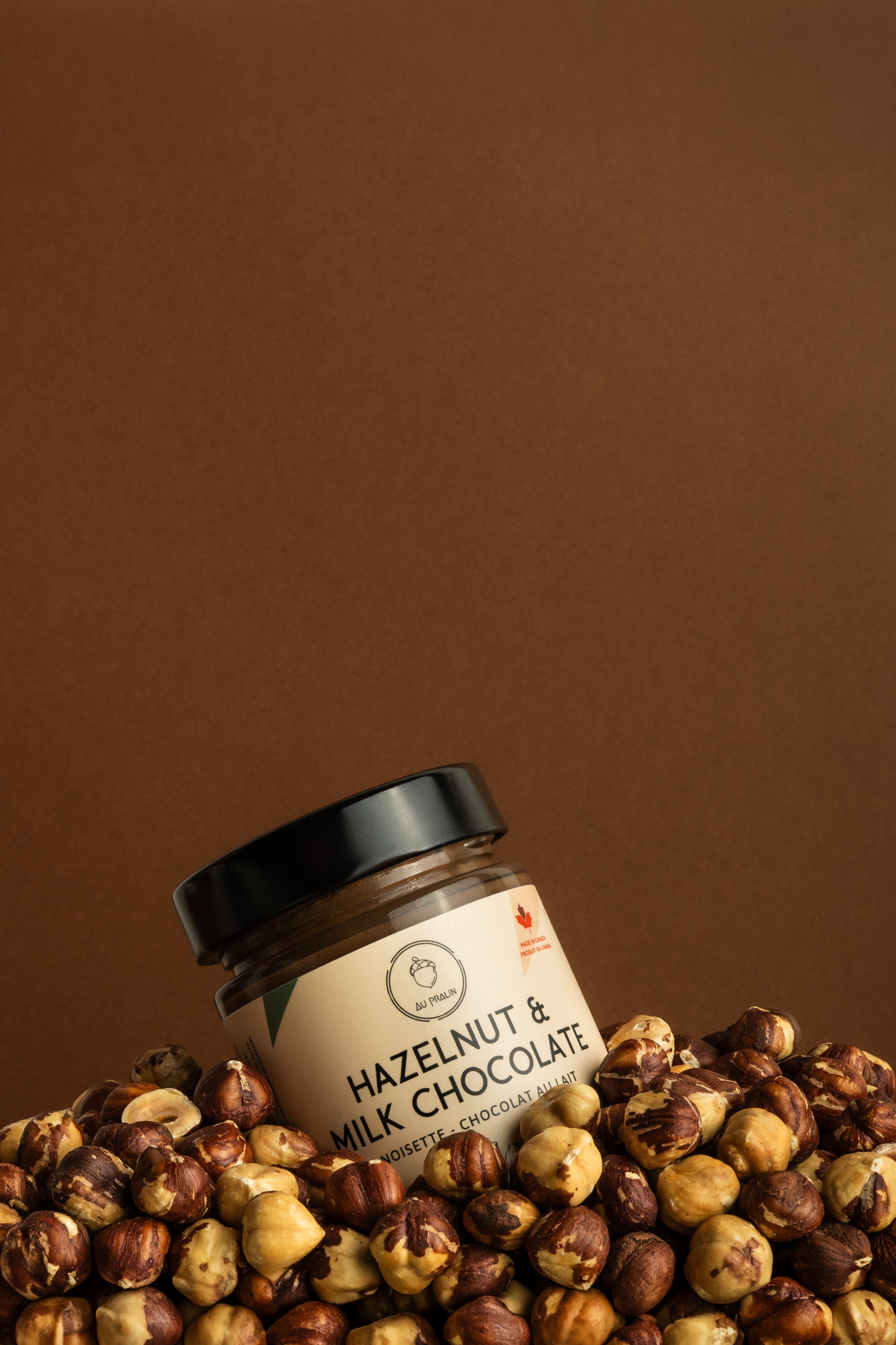 Au pralin hazelnut milk chocolate placed diagonally among hazelnut