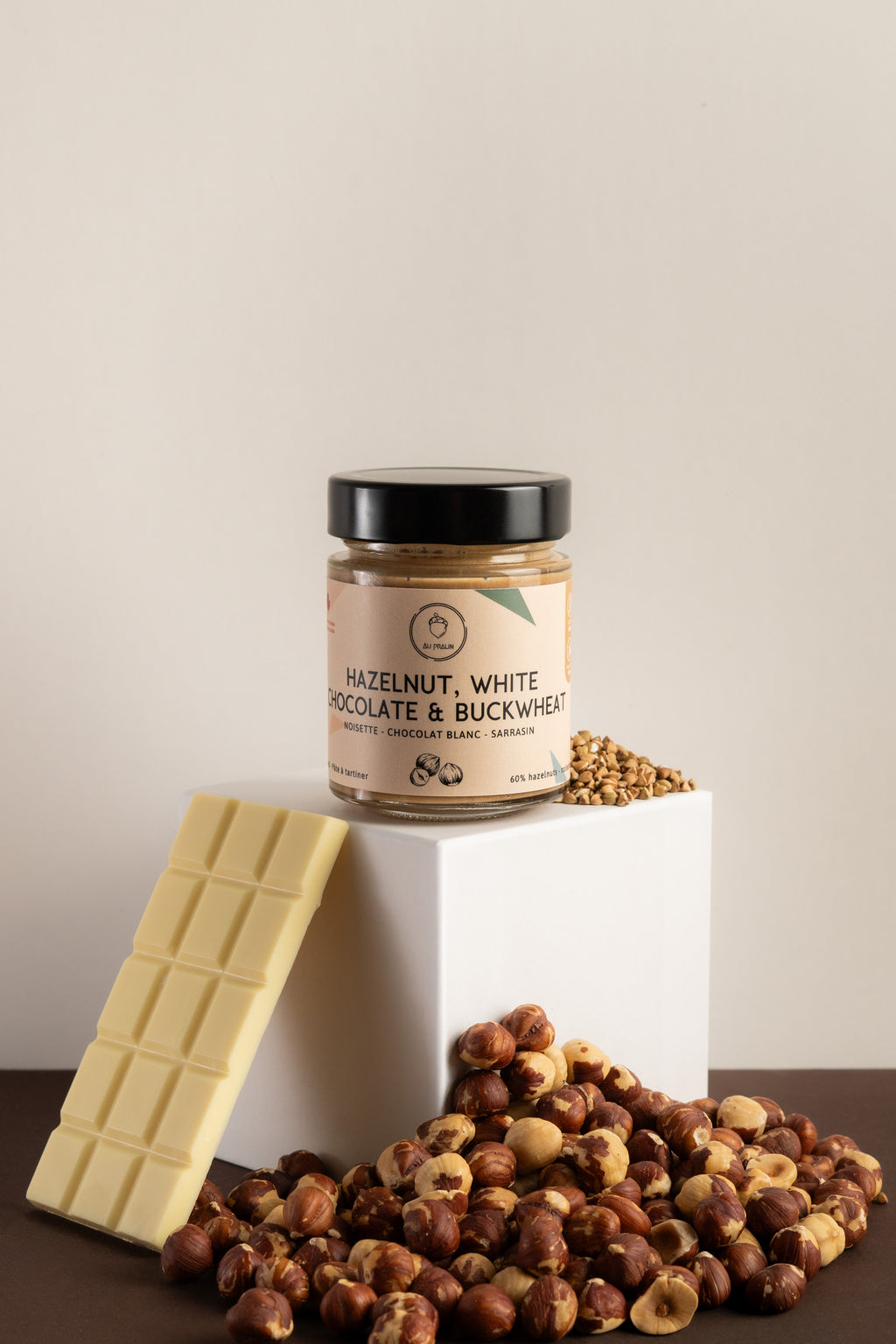 Jar of hazelnut, white chocolate, and buckwheat spread | Au Pralin