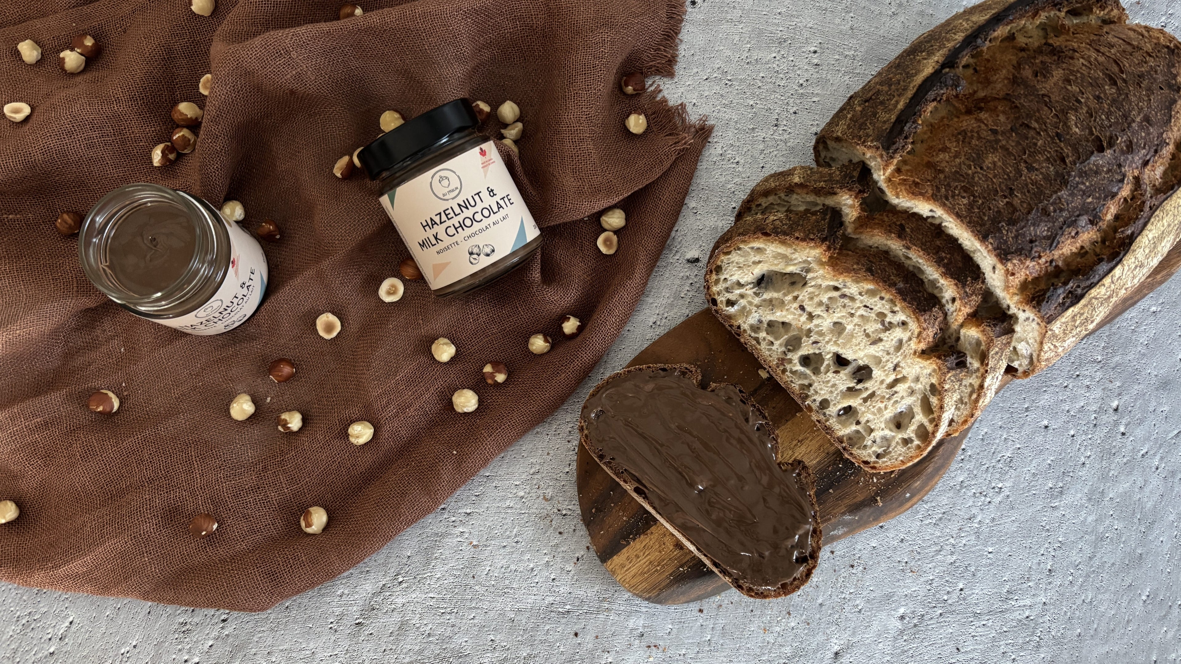 Toast with  hazelnut milk chocolate spread on top for a quick snack